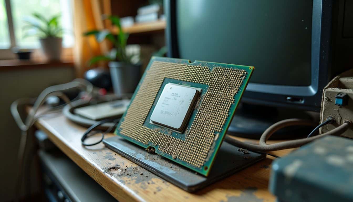 A dusty CPU running for over ten years in cluttered setup.