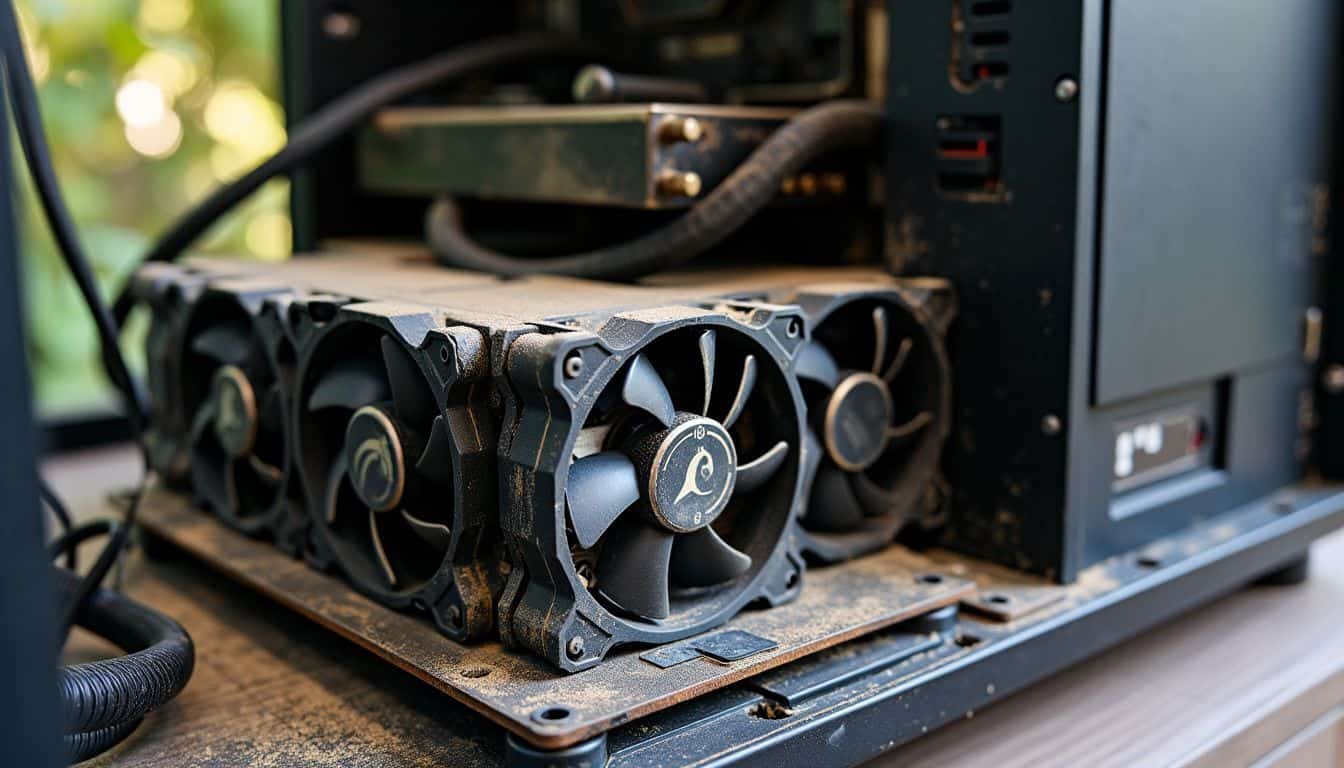 A worn gaming PC with visible wear and poor airflow.