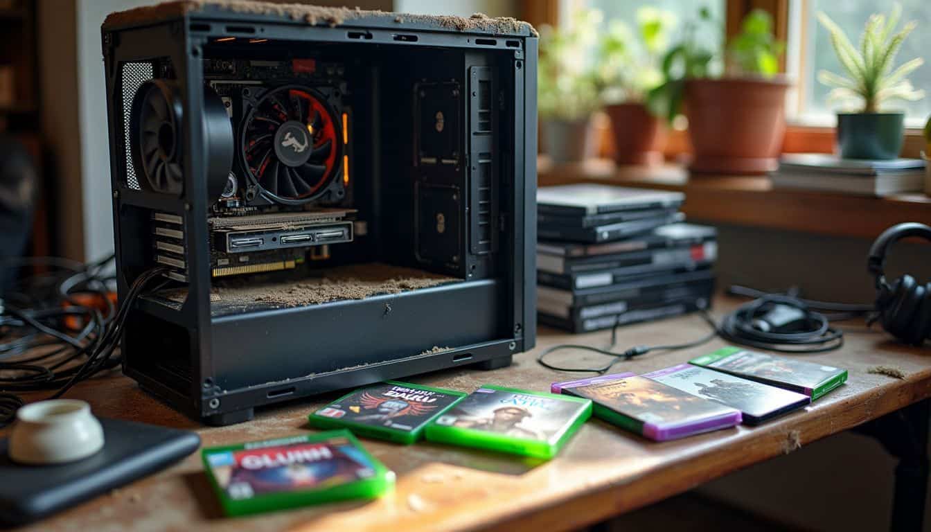 A cluttered gaming setup with open PC case and scattered game cases.