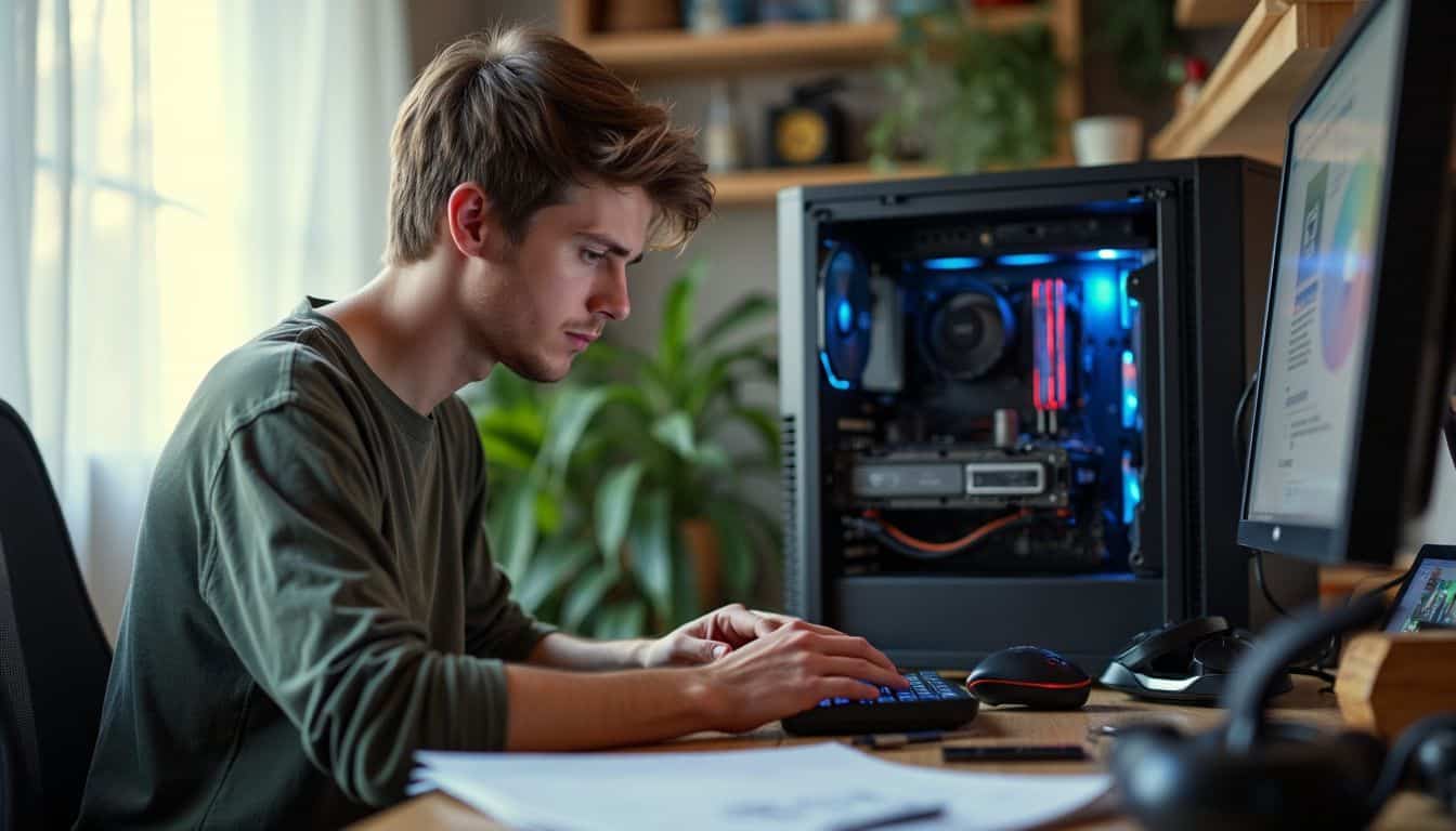 A young man works on his gaming PC at a cluttered desk.