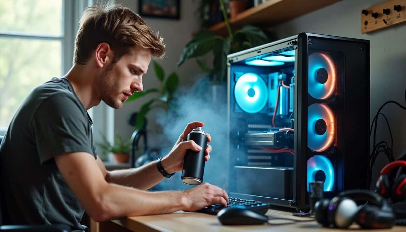 A man in his 30s is cleaning his gaming PC in a cluttered room.