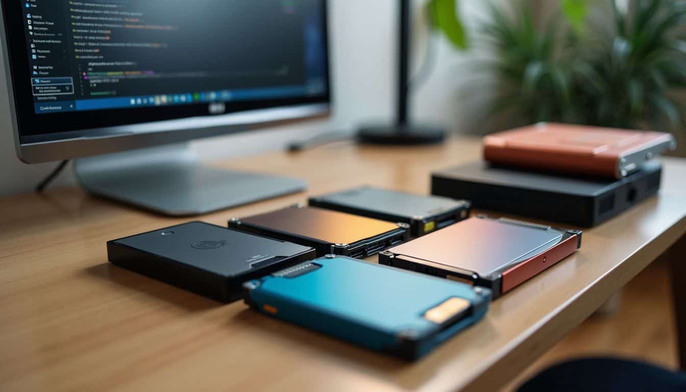 A neatly organized desk with a computer and arranged storage devices.