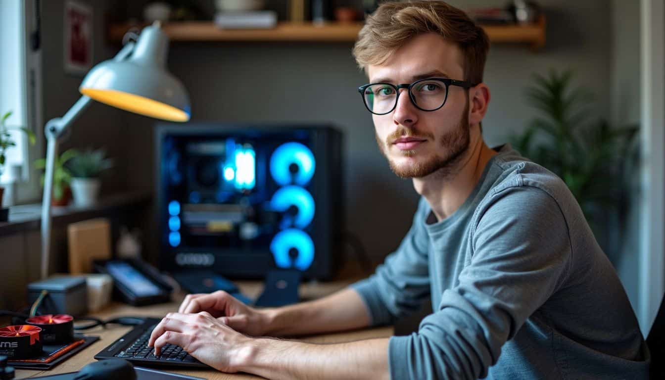 A man in his 30s is upgrading his gaming PC at a cluttered desk.