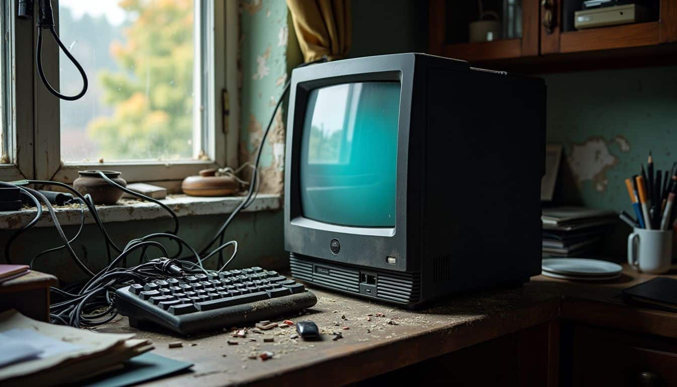 An old gaming PC on a cluttered desk in a dimly lit room.