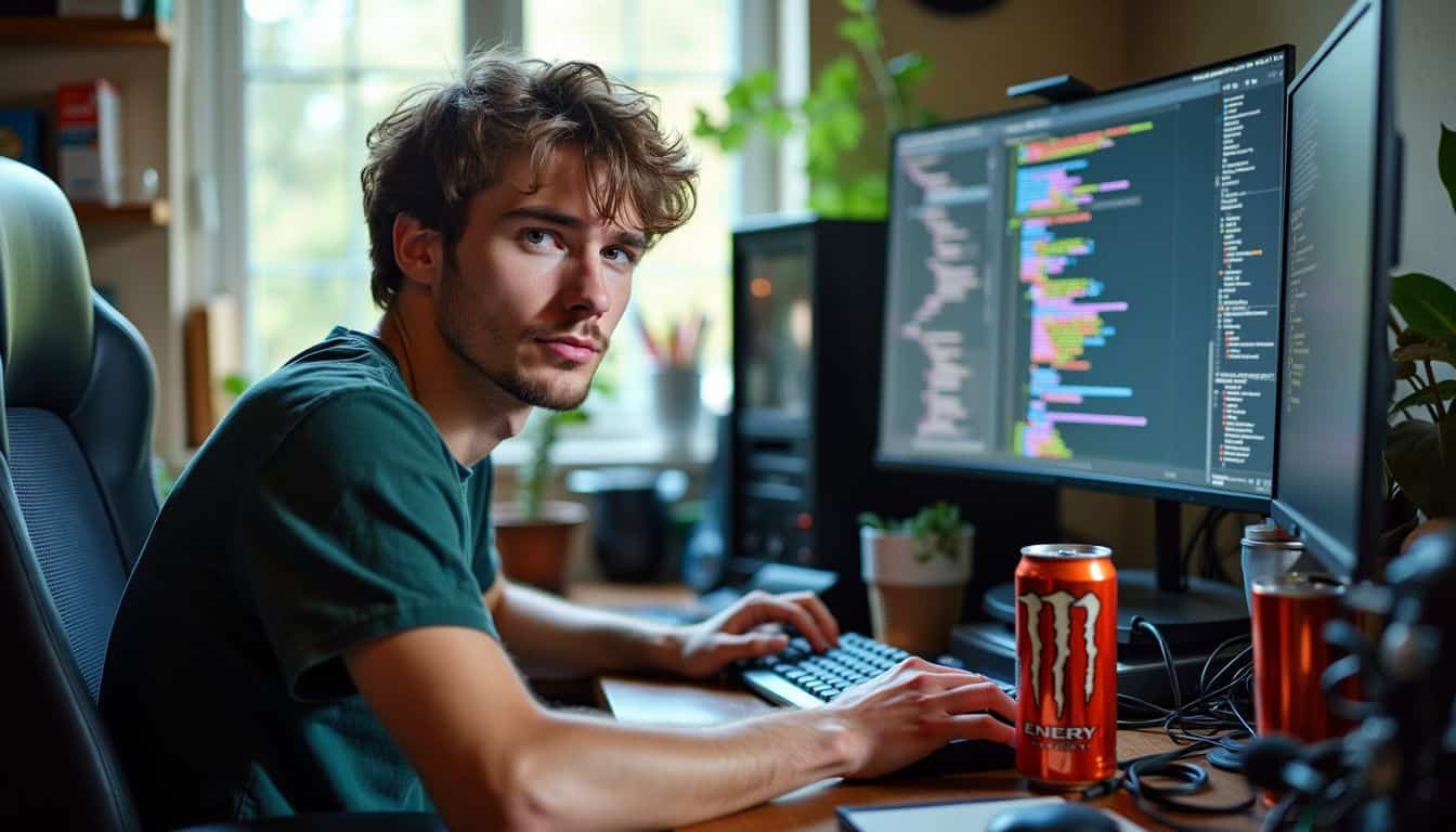 A young man sitting at a cluttered desk filled with computer parts and energy drink cans, working on coding and gaming.