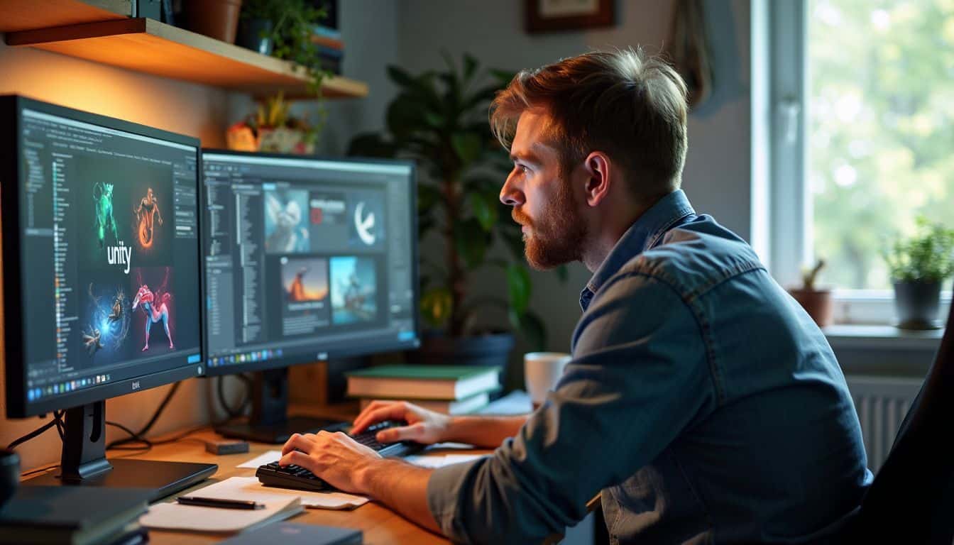 A mid-30s male developer sits at a cluttered desk working on game development programs.