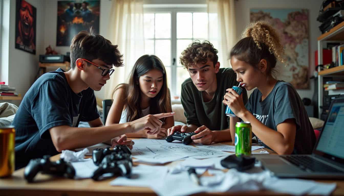 Four teenage gamers brainstorming game ideas in cluttered bedroom.