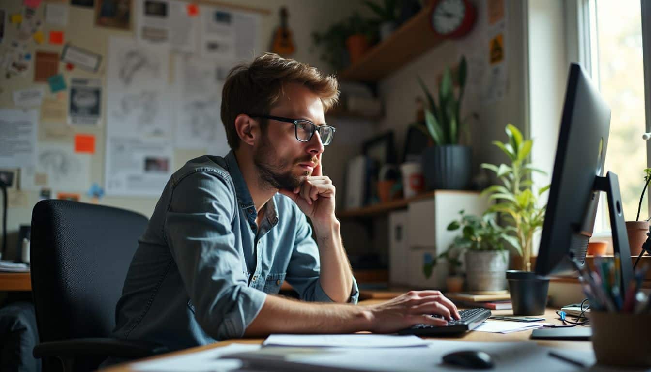 A male video game developer working in a cluttered home office.