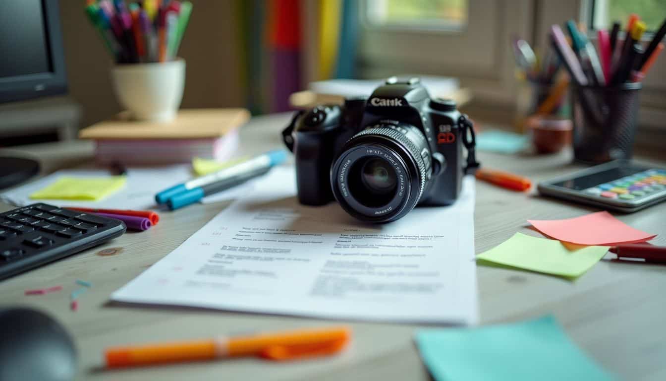 A cluttered desk with scattered papers, sticky notes, and colorful markers.