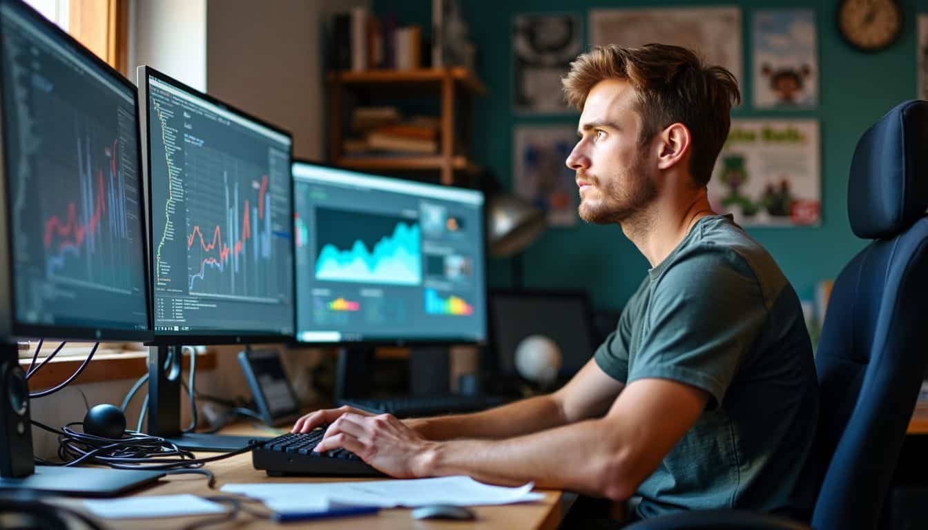 A male game developer is seen working on multiple screens in a cluttered workspace.