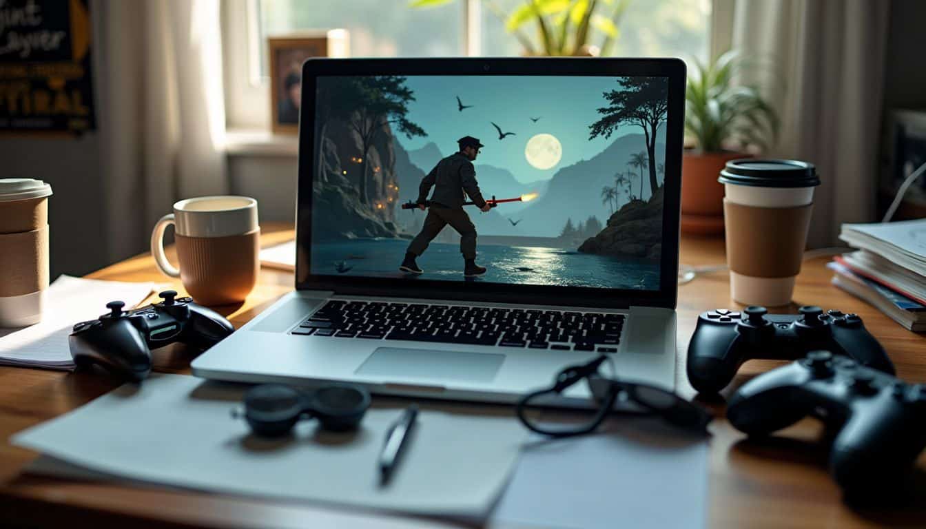 A cluttered desk with a laptop and game controllers.