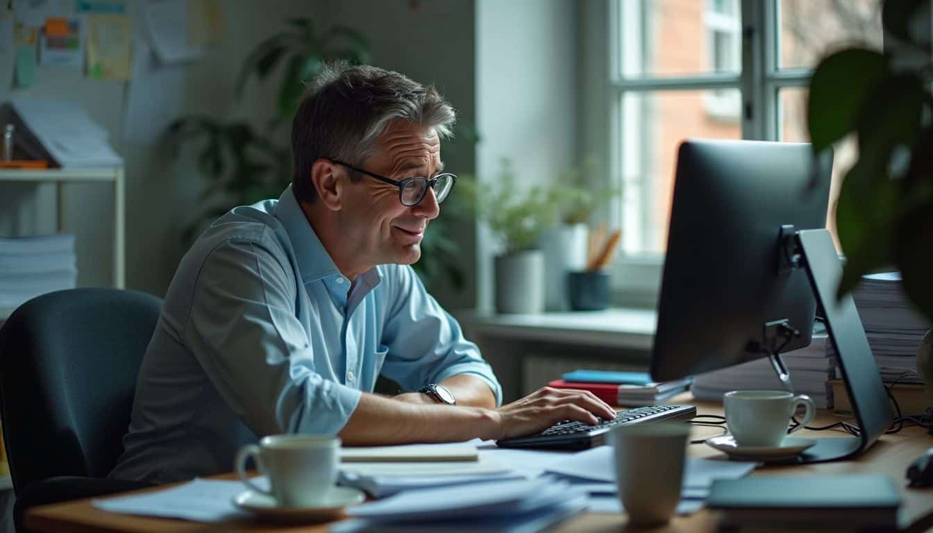 A middle-aged office worker sits at a cluttered desk, looking tired.