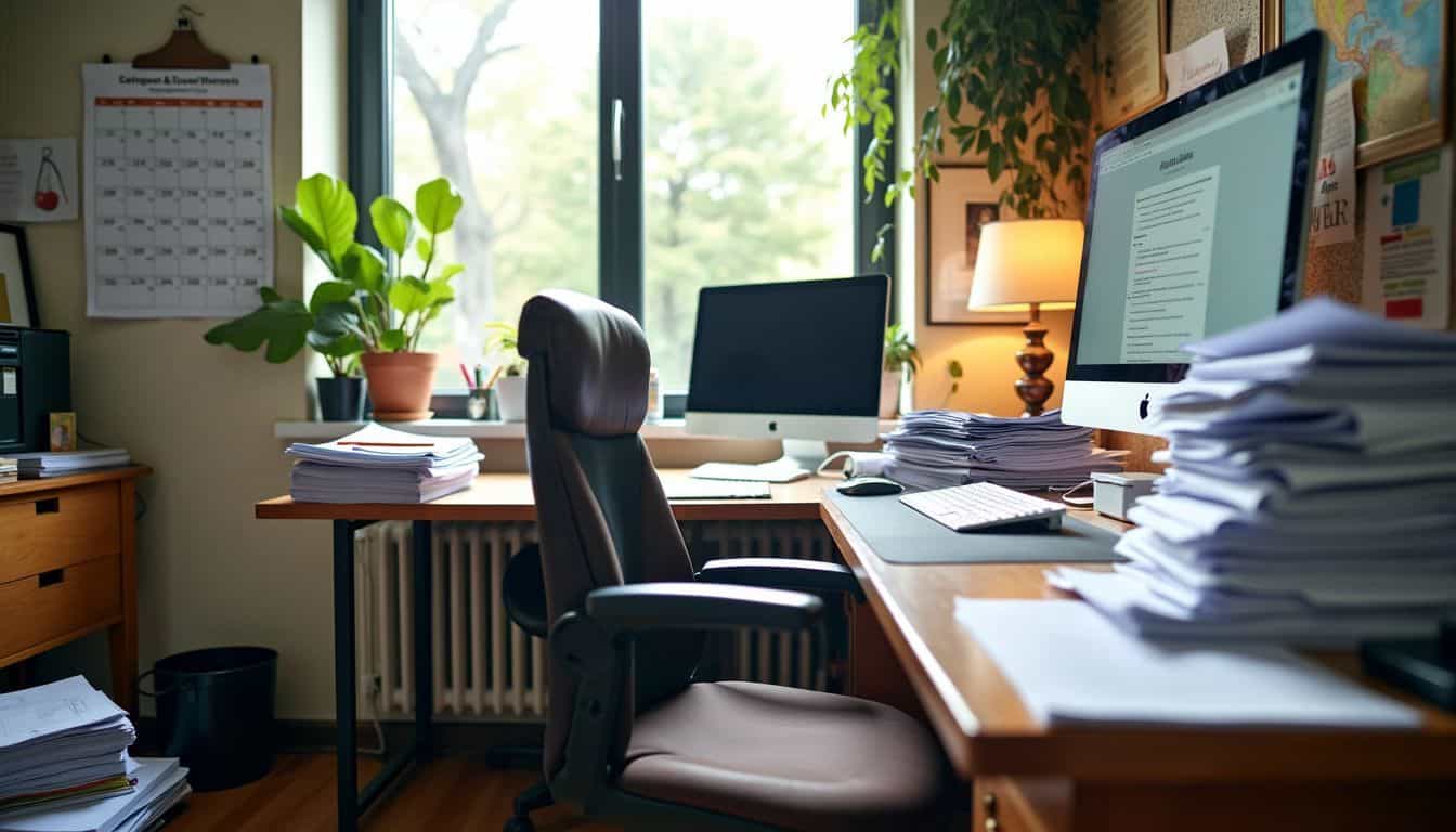 A cluttered home office with stacked papers, a computer, and overflowing trash.