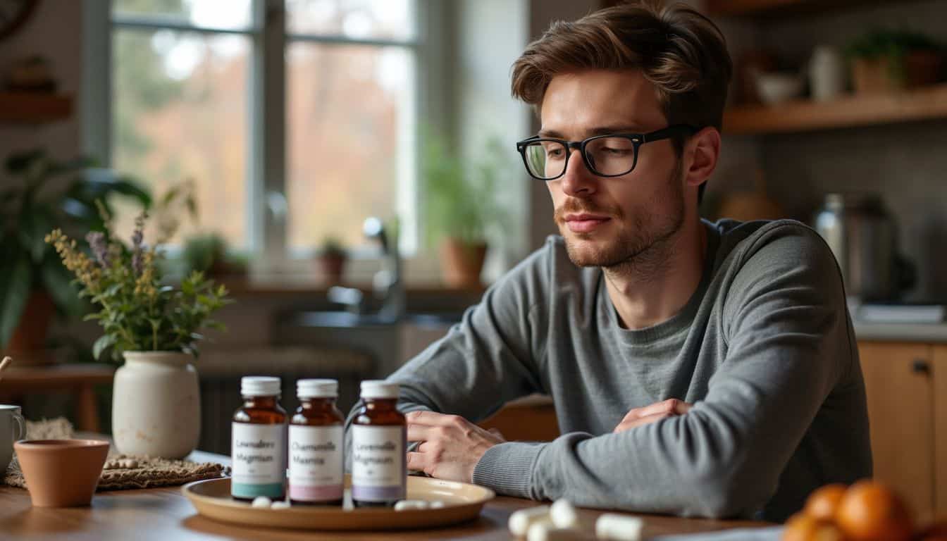 A man in his mid-30s experimenting with relaxation supplements at home.