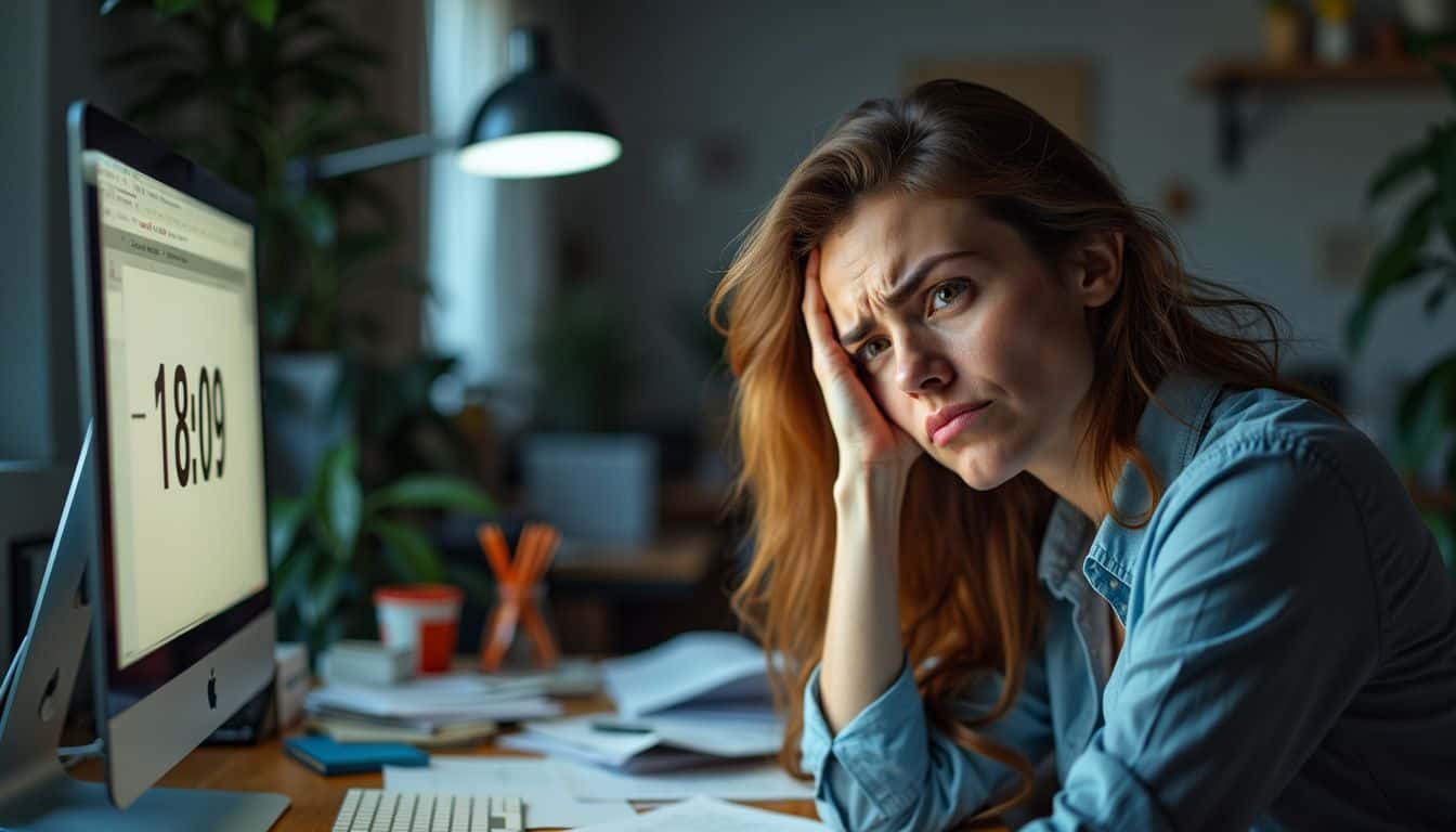 A tired woman in her 30s sits at a cluttered desk.