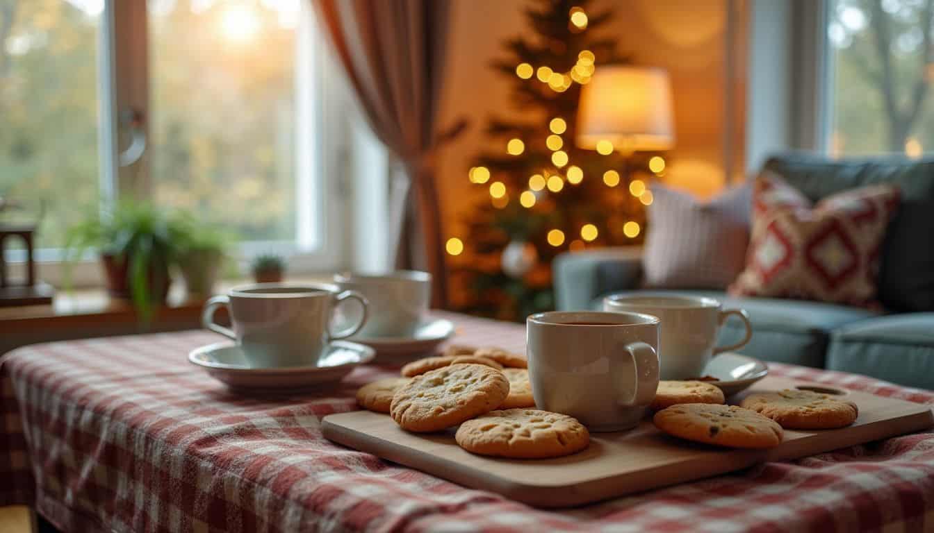 A cozy living room with freshly baked cookies and a note asking for support.