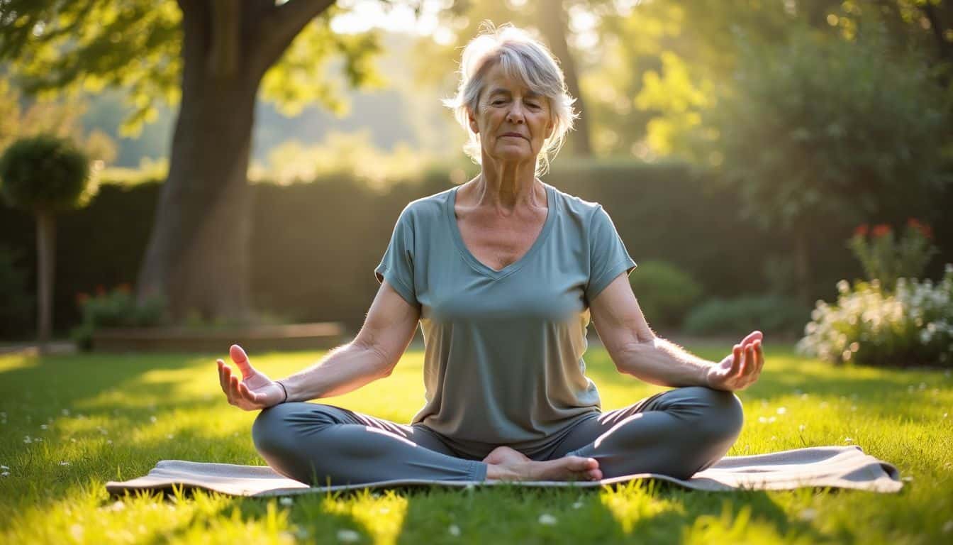 A middle-aged person practicing yoga in a peaceful outdoor garden.