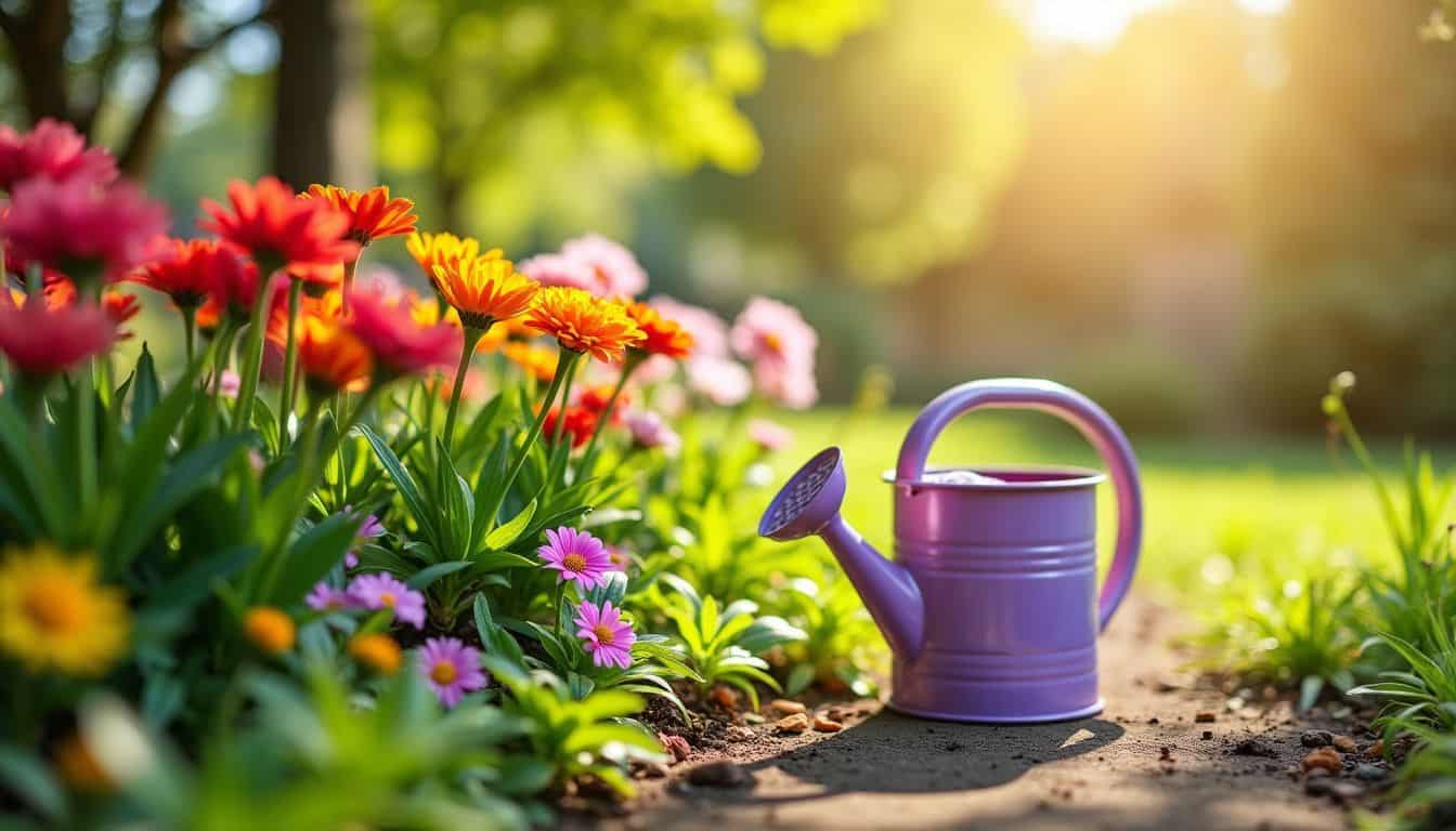 A vibrant garden with colorful flowers and a small watering can.