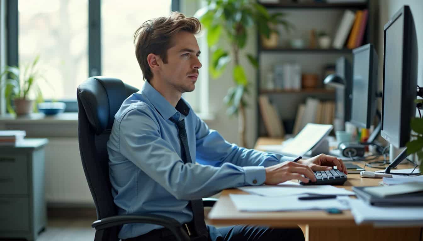 A busy office manager sitting at cluttered desk in business casual attire.