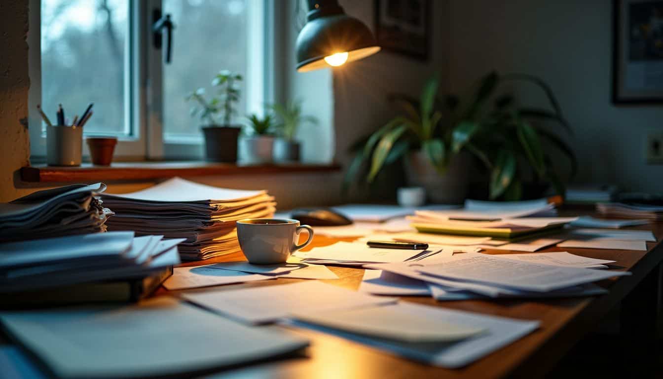 A cluttered office desk with papers, unopened mail, and lukewarm coffee.