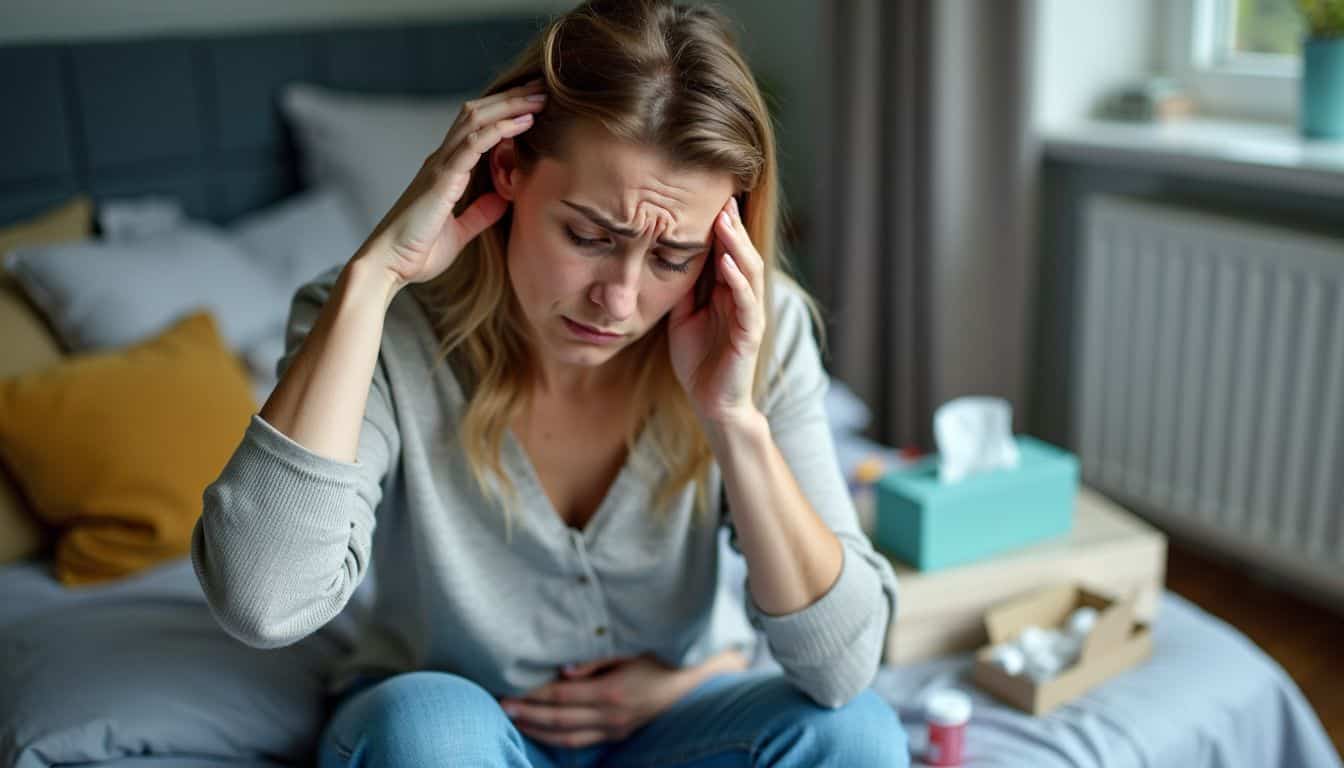 A tired and unwell woman sits on her bed, clutching her stomach and holding an ice pack to her forehead in a cluttered room.