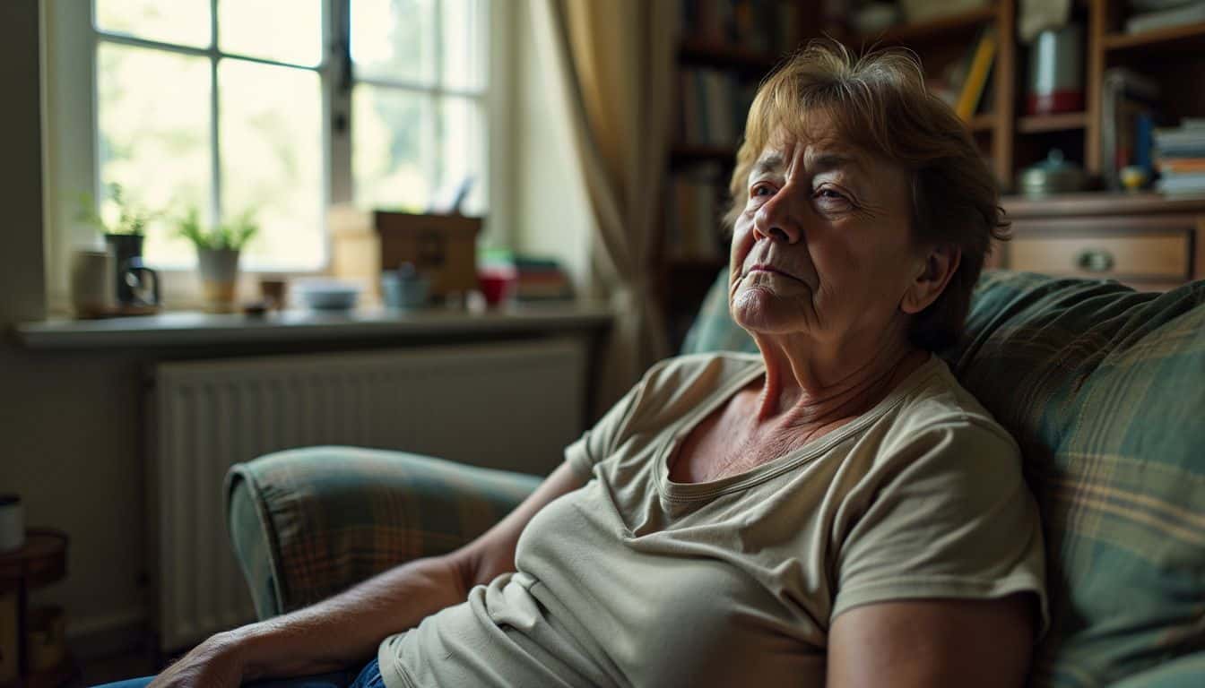 A tired middle-aged person sits on a faded sofa in a cluttered room.