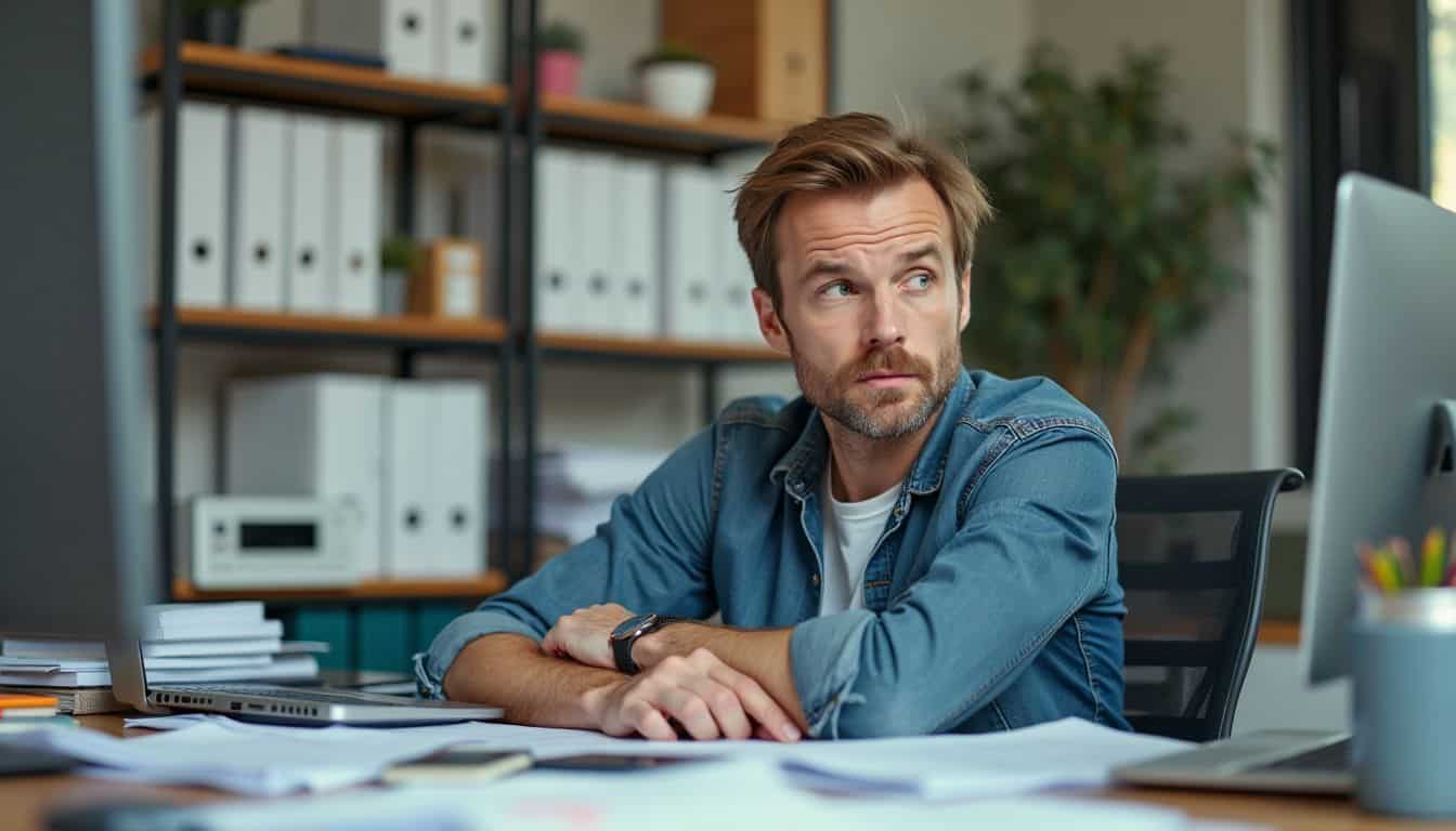 A tired man in his 30s sits at a cluttered office desk.