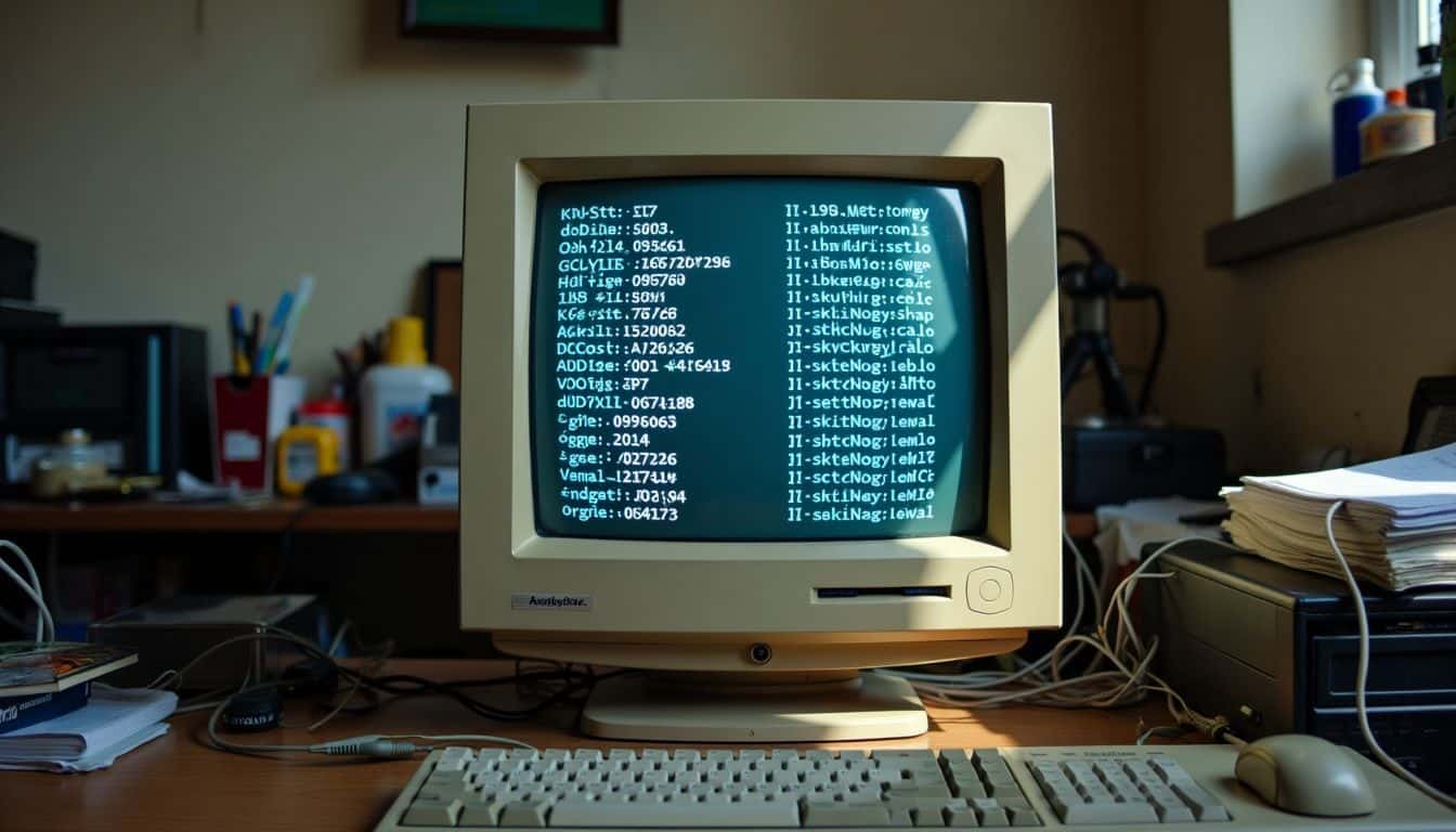 An old computer monitor displays a list of website domains.