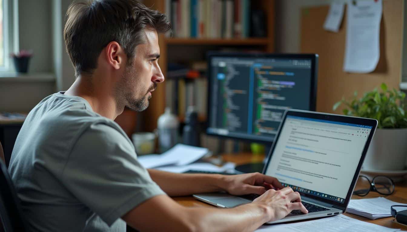 A man setting up a proxy server on his laptop at a cluttered desk.