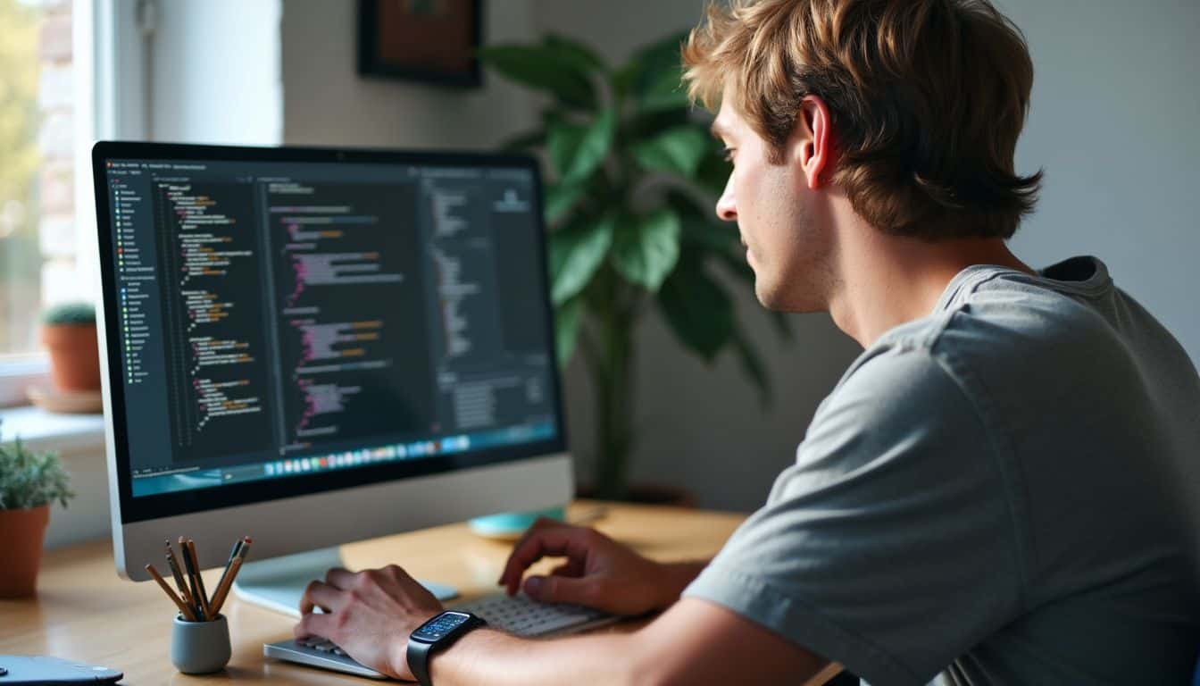 A person is coding JavaScript on a laptop at a desk.