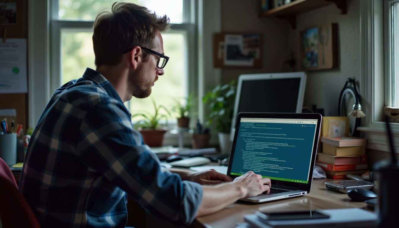 A man is setting up a proxy server on his laptop.