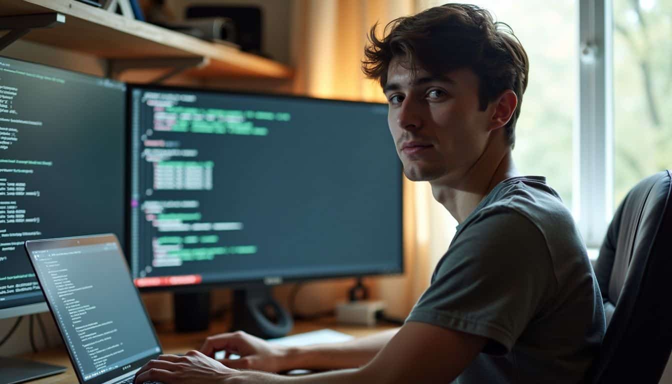 A person in their 30s working on a laptop with multiple screens.