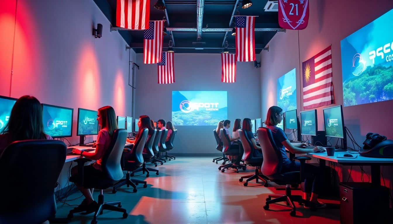 An esports arena in Malaysia with national flags and female-focused gaming equipment.