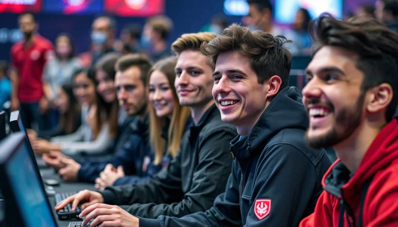 A diverse group of professionals at an esports tournament venue.