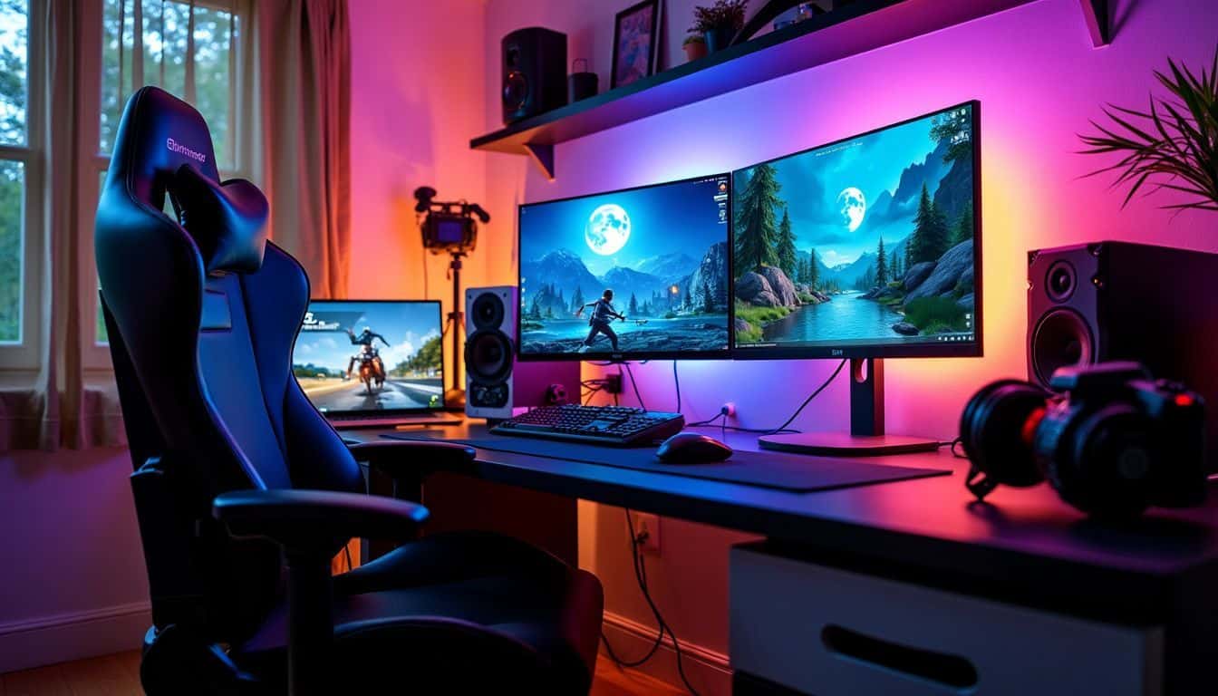 A gaming room with multiple screens, colorful LED lights, and accessories.