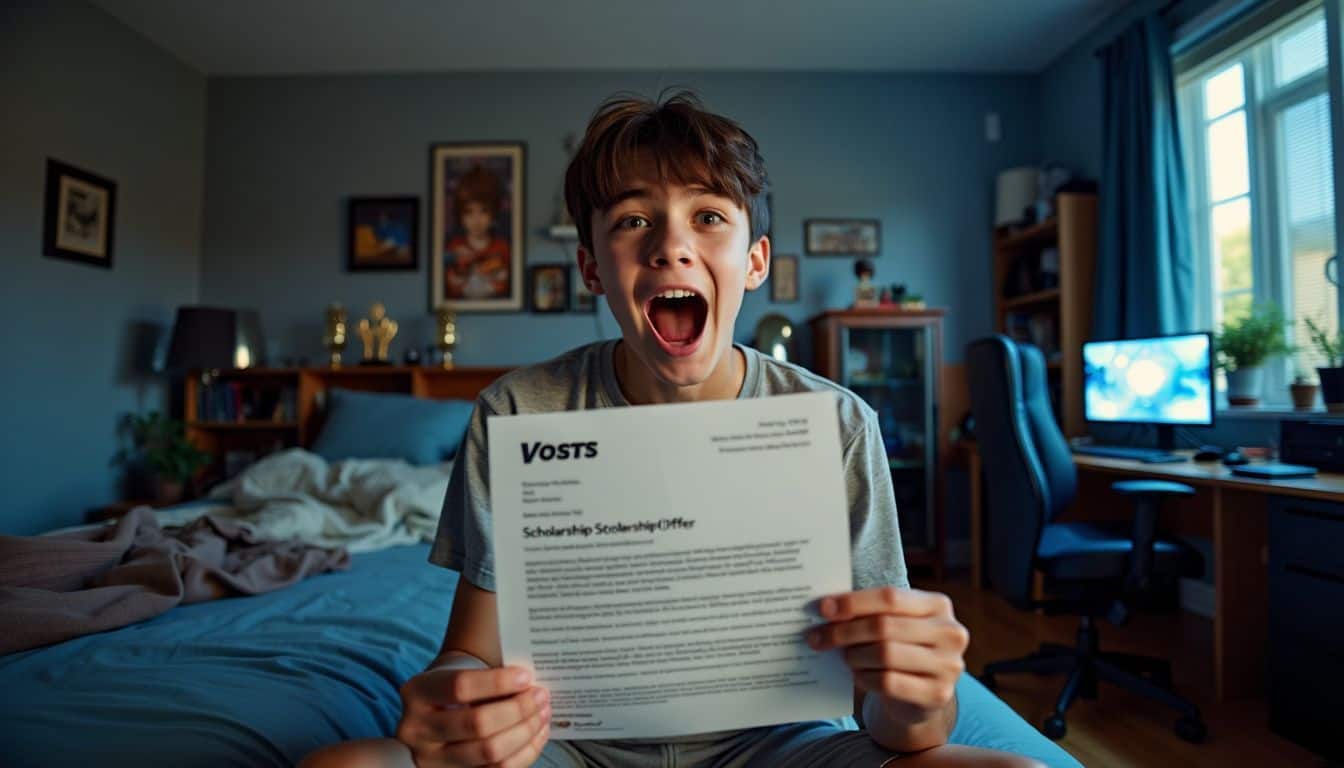 A teenager excitedly holds an esports scholarship offer in a gaming-filled bedroom.