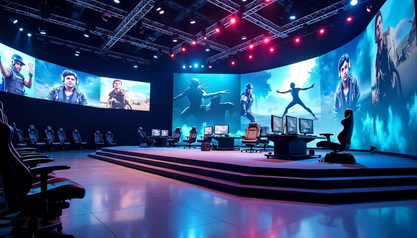 An empty esports tournament stage with gaming chairs and equipment.