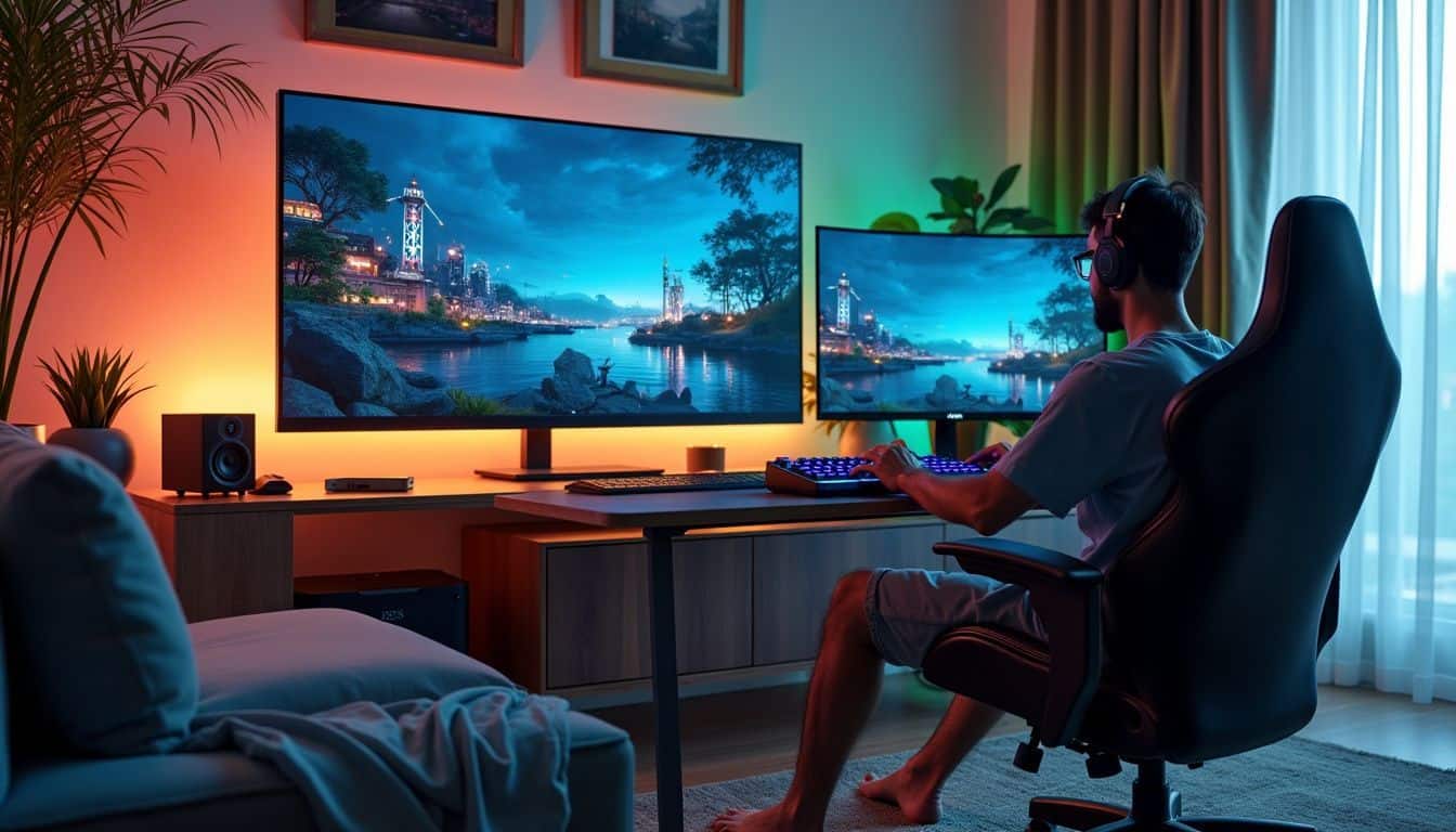 A modern gaming setup in a Malaysian living room with advanced accessories.