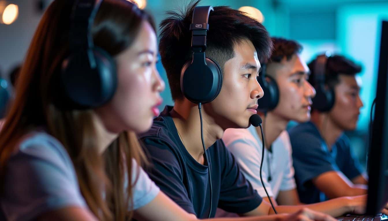 A group of young Malaysian gamers competing in an esports tournament.