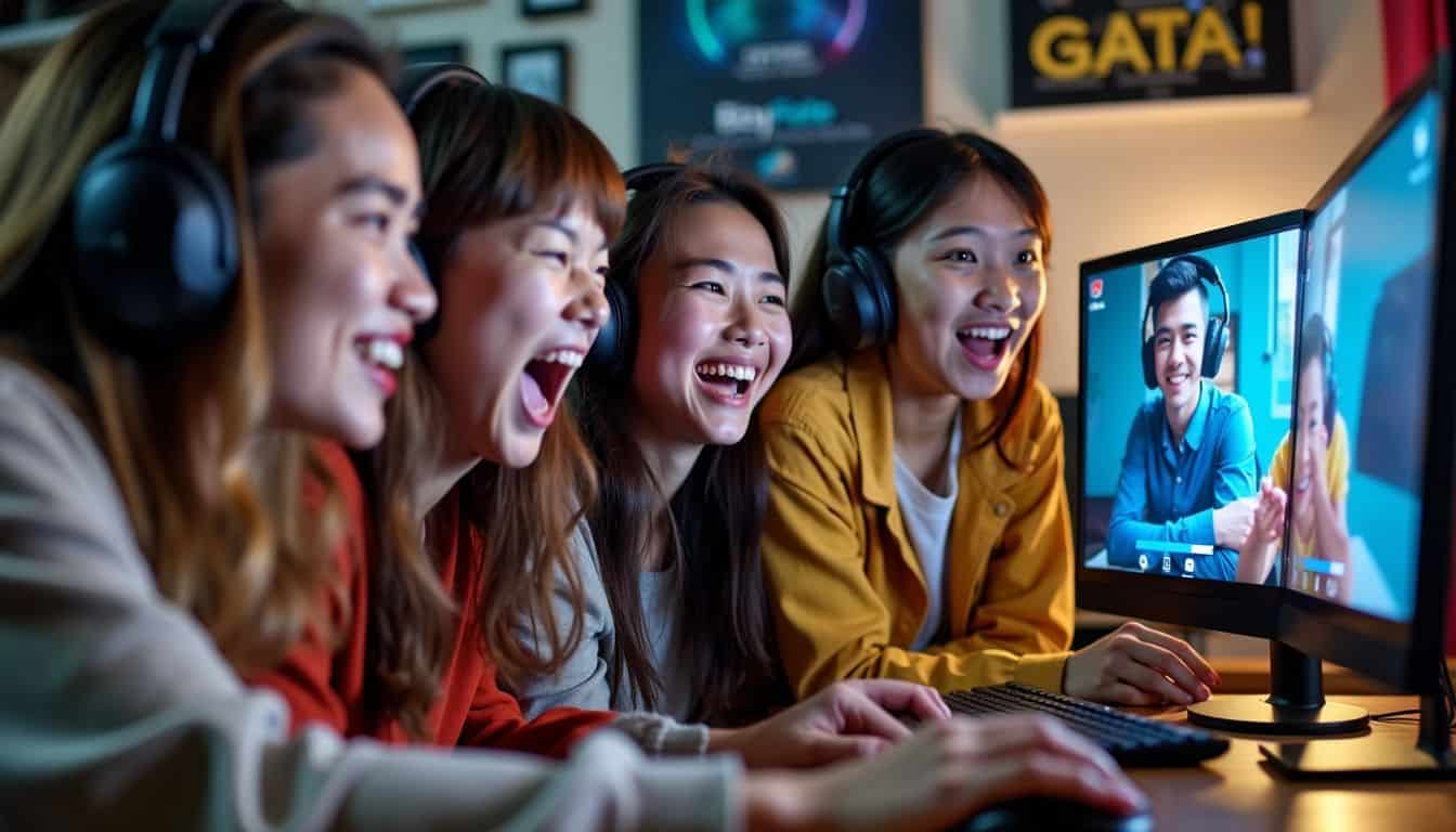 A group of friends watching a gaming video on a computer.