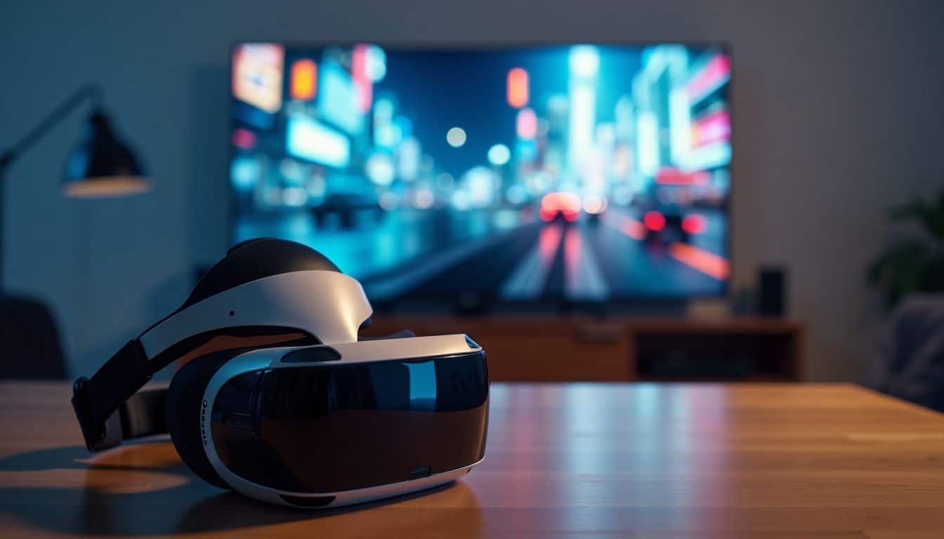 A virtual reality headset sits on a wooden table in a dimly lit room, with futuristic video game scenes displayed on a large screen in the background.