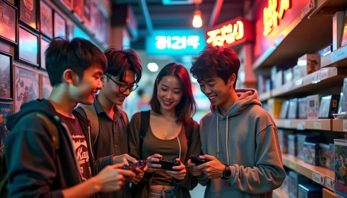 Four young gamers exploring Video Game Alley in Yongsan Electronics Market.