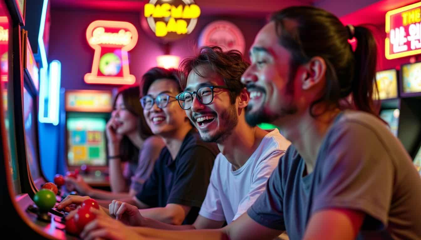 Young adults playing classic arcade games at Retro Game Bar in Seoul.