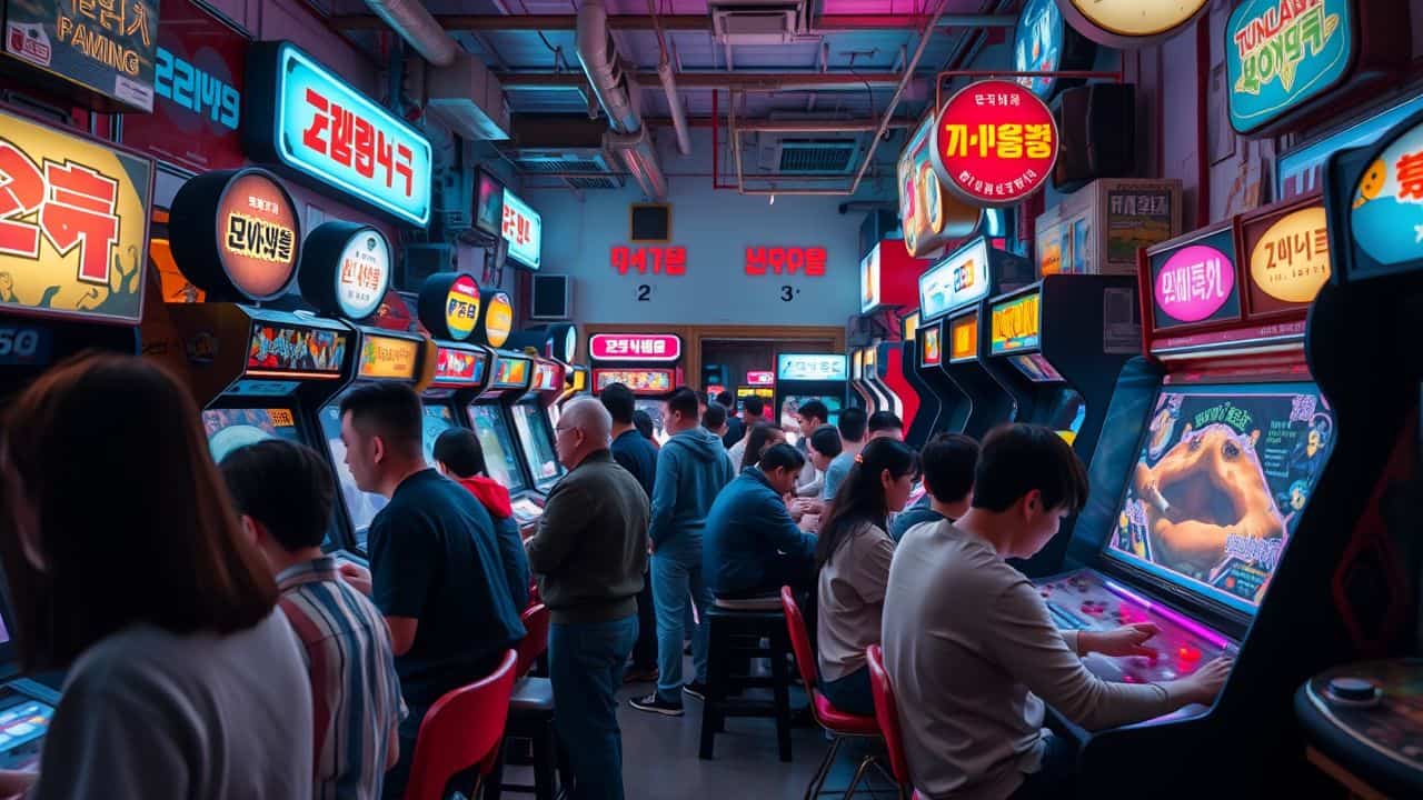 A busy retro arcade in Seoul with diverse gamers playing old-school games.