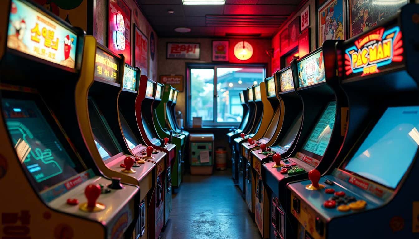 A dimly lit retro arcade in Seoul filled with vintage gaming machines.