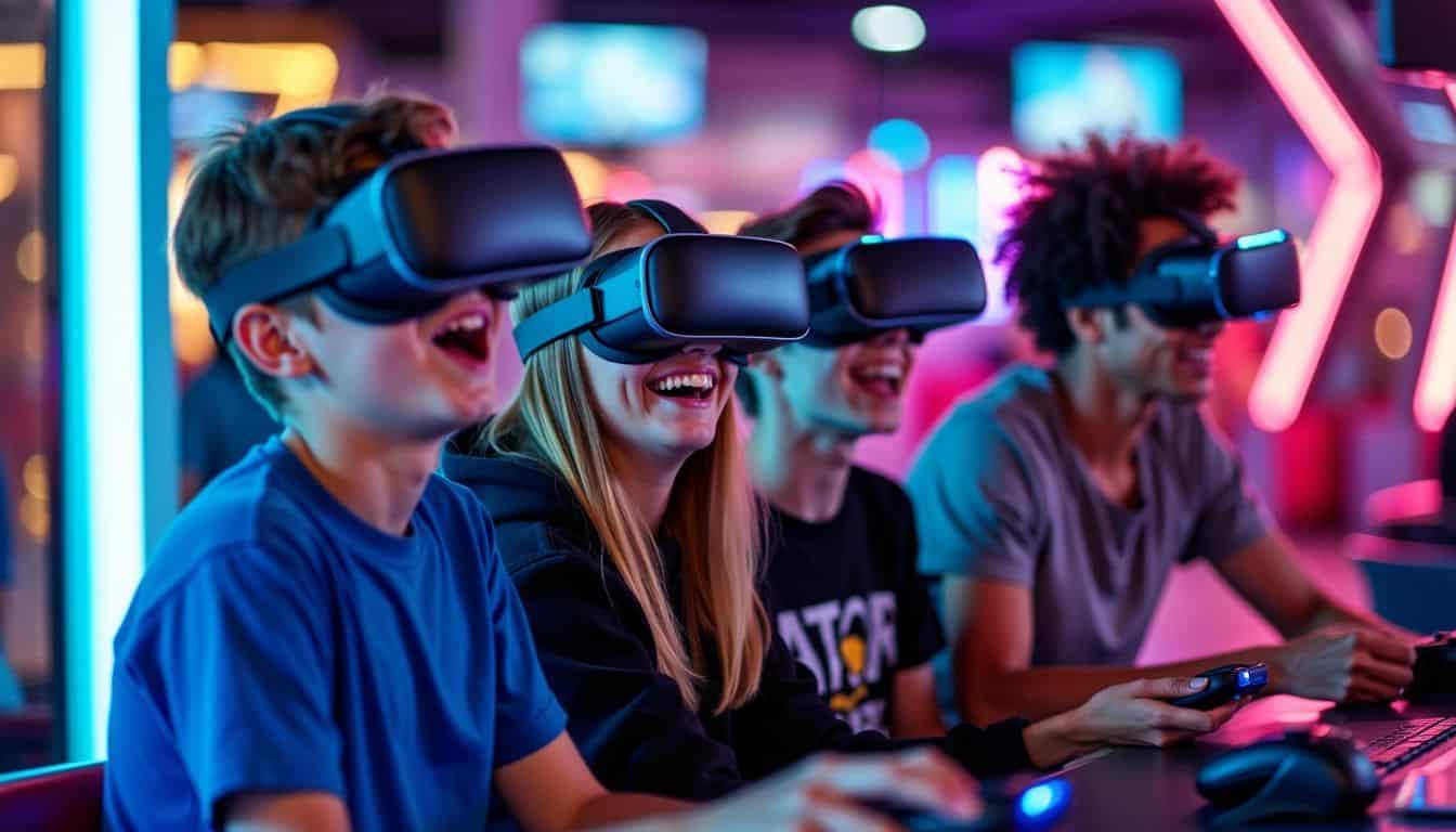 Four teenagers enjoy virtual reality gaming in a Seoul arcade.