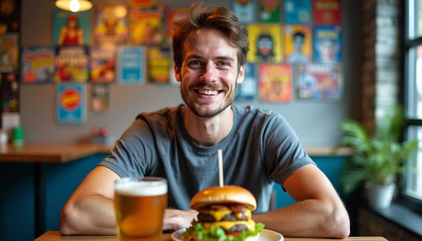 A man in his late 20s enjoying a burger and beer at a comic cafe in Seoul.