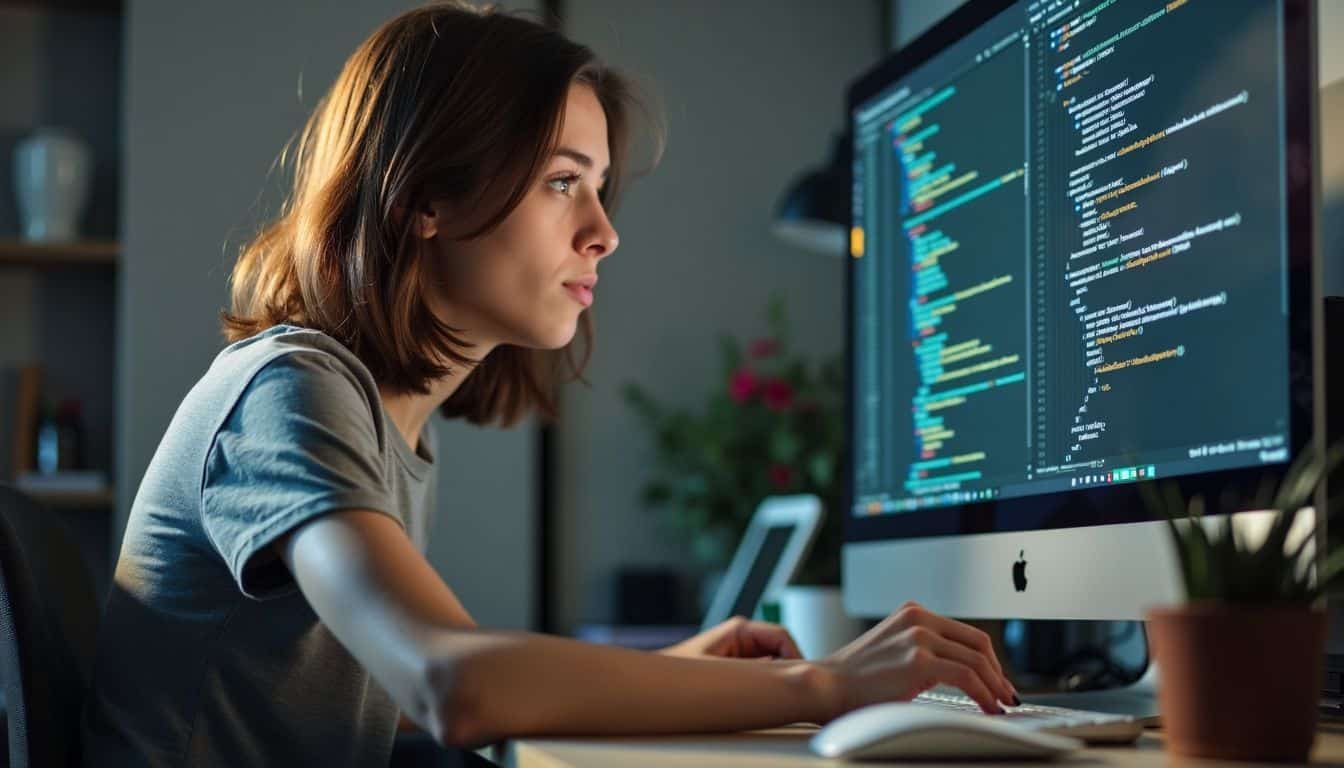 A young woman writes secure code for a web application.