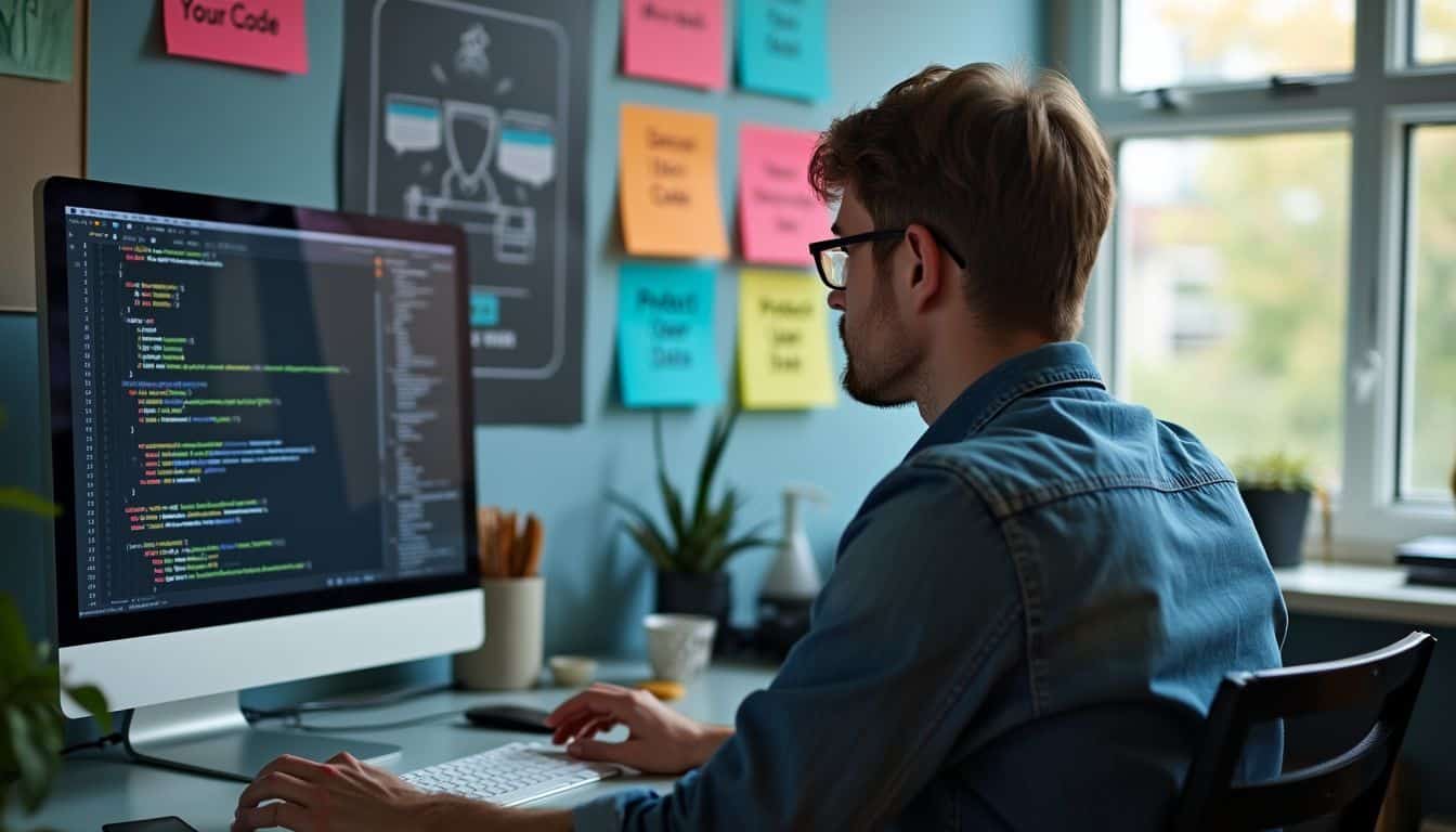 A software developer works on code in a cybersecurity-themed office space.