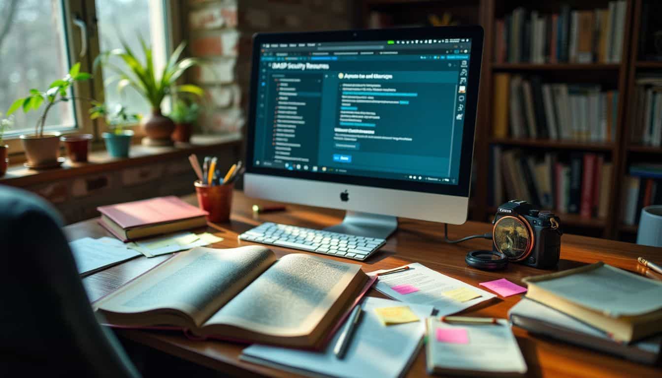 A cluttered desk with open books, computer screen showing OWASP resources.